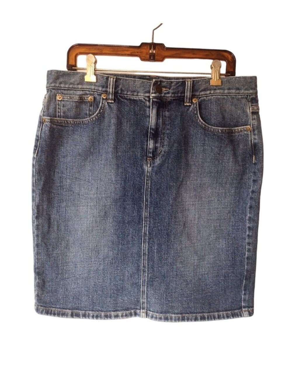 Lauren Ralph Lauren Y2K Denim Skirt 12P Faded Back Slit Stretch Blue Casual